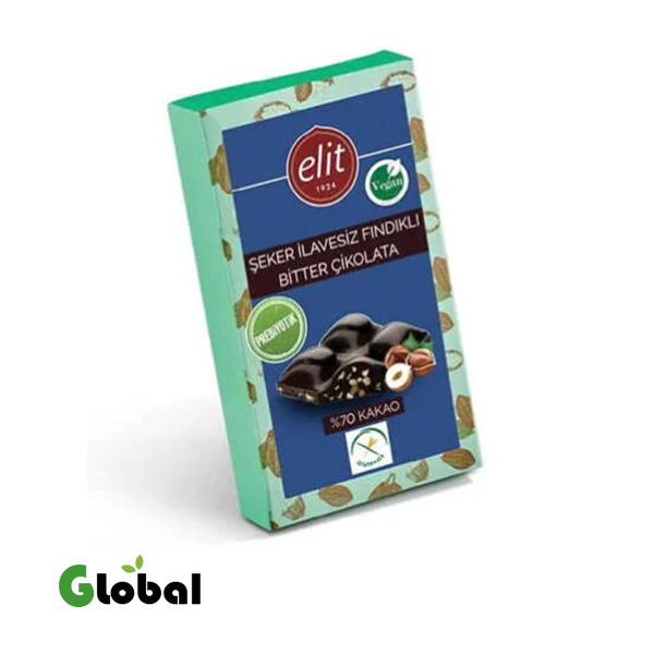 شوكولاتة داكنة بالبندق، خالية من السكر، نباتية ومدعمة بالبريبايوتيك 60 غرام خالية من الجلوتين