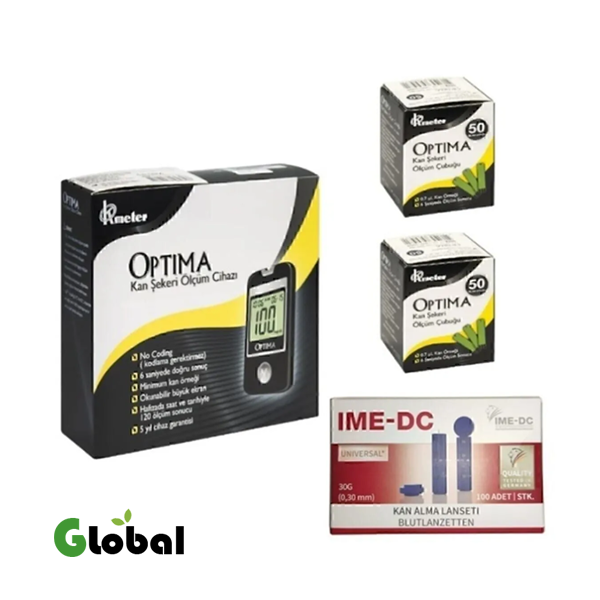 جهاز Optima لقياس السكر في الدم مع 2 علبة شرائط (100 شريط) وعلبة واحدة (100 إبرة وخز)